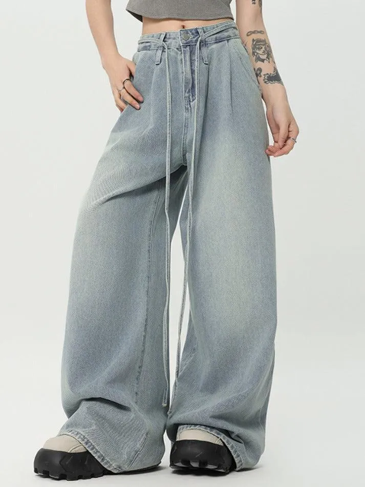 Drawstring High Street Wide Leg Boyfriend Jeans