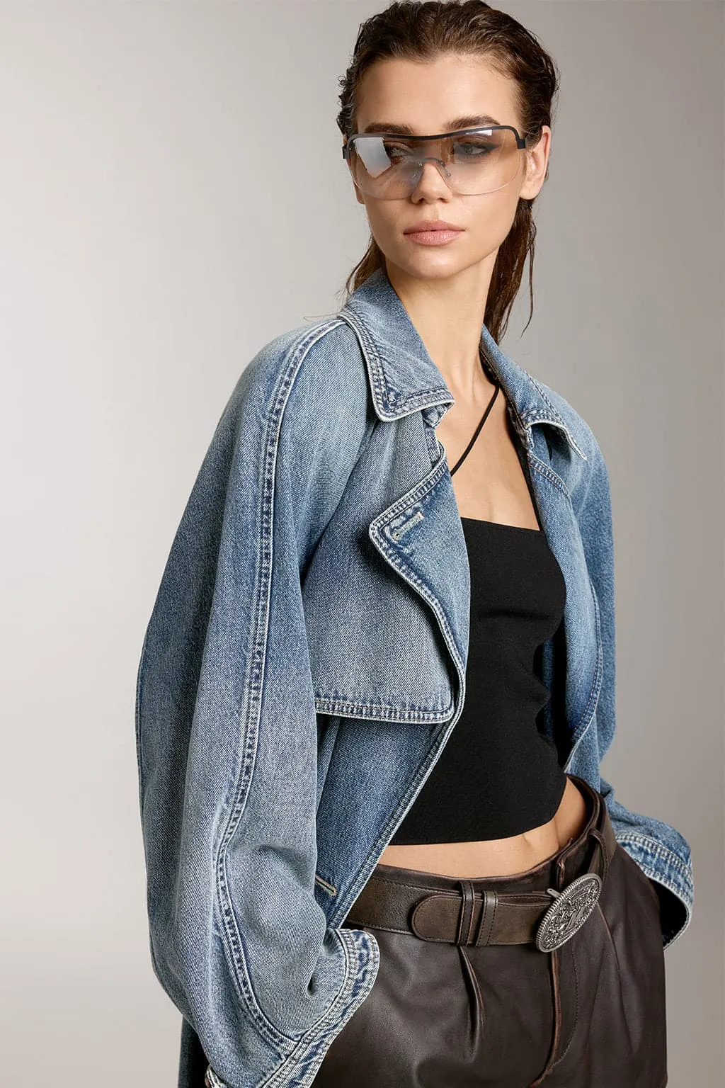 Elegant Lapel Long Fit Denim Jacket