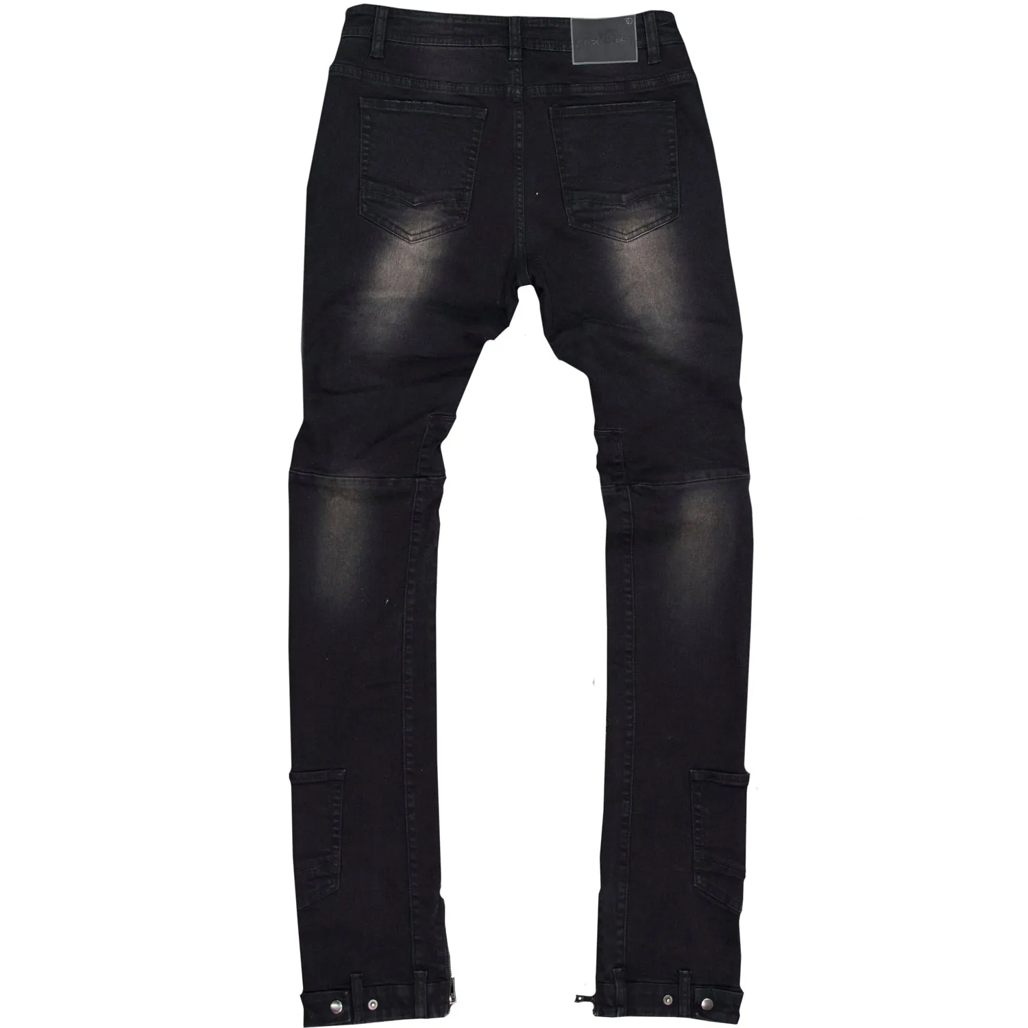 F1748 Shredded Biker Denim Jeans w/ Bottom Leg Zipper | 40-inch Inseam - Black