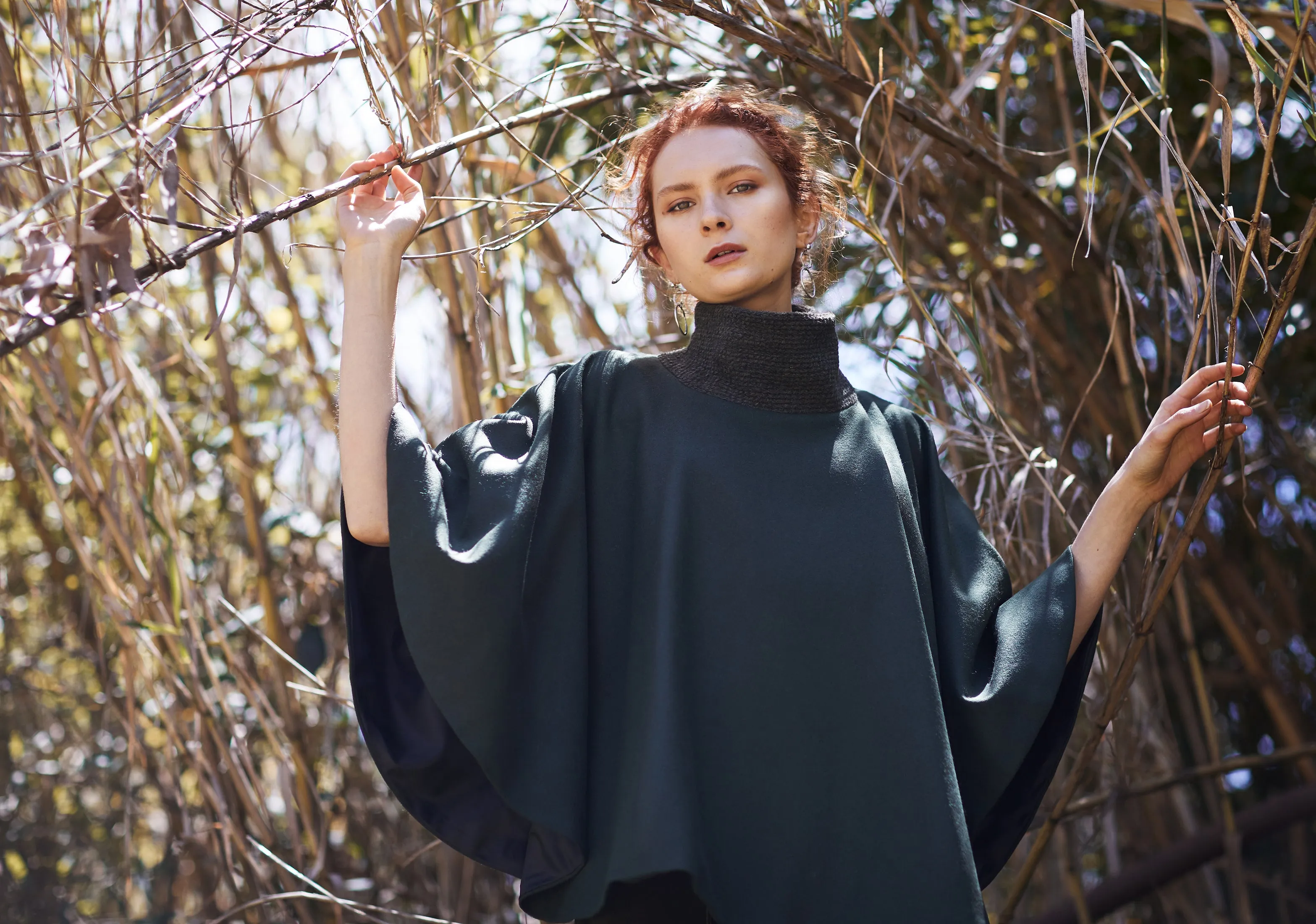 FERN CAPE [ Olive Green Wool, Turtleneck Poncho ]