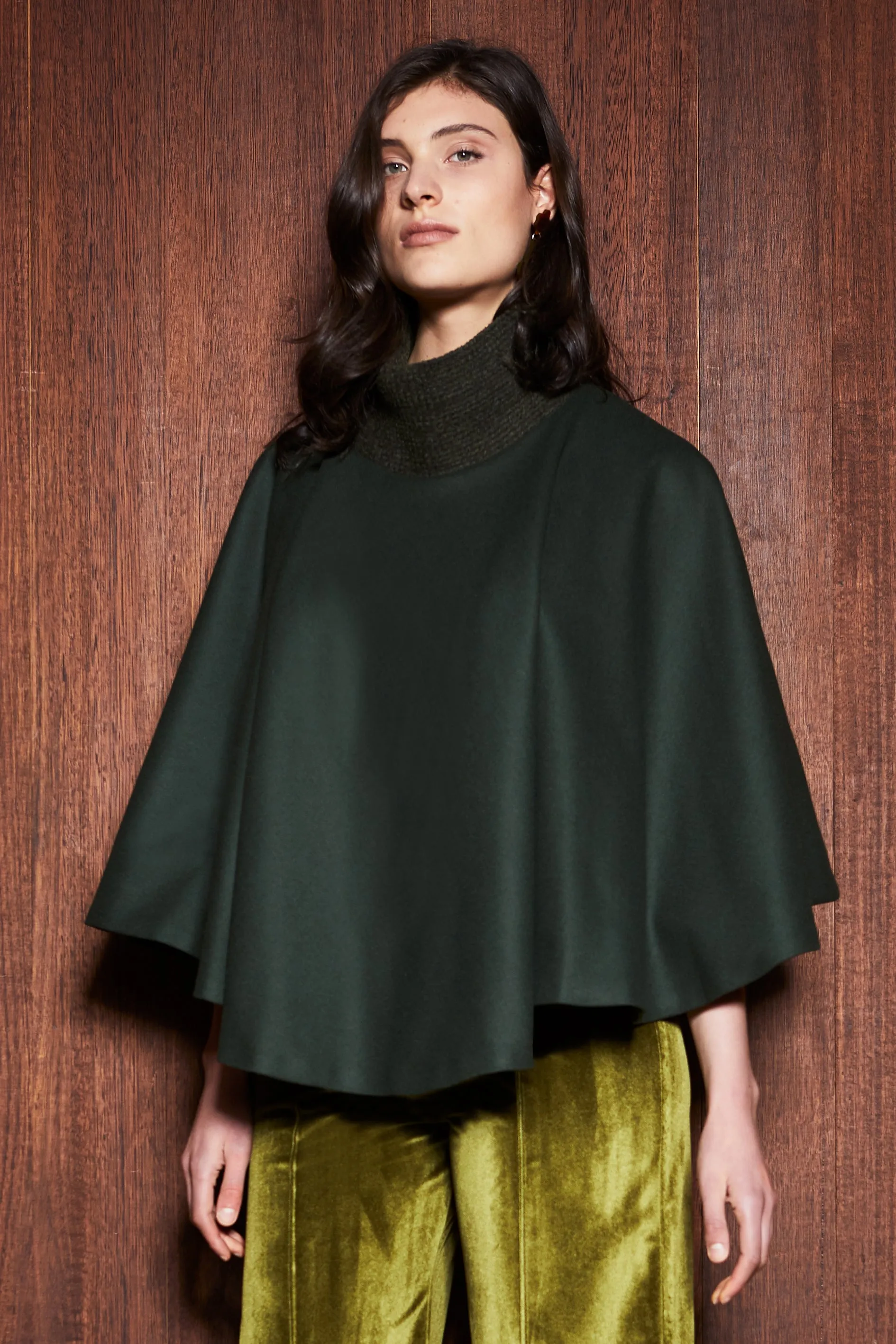 FERN CAPE [ Olive Green Wool, Turtleneck Poncho ]