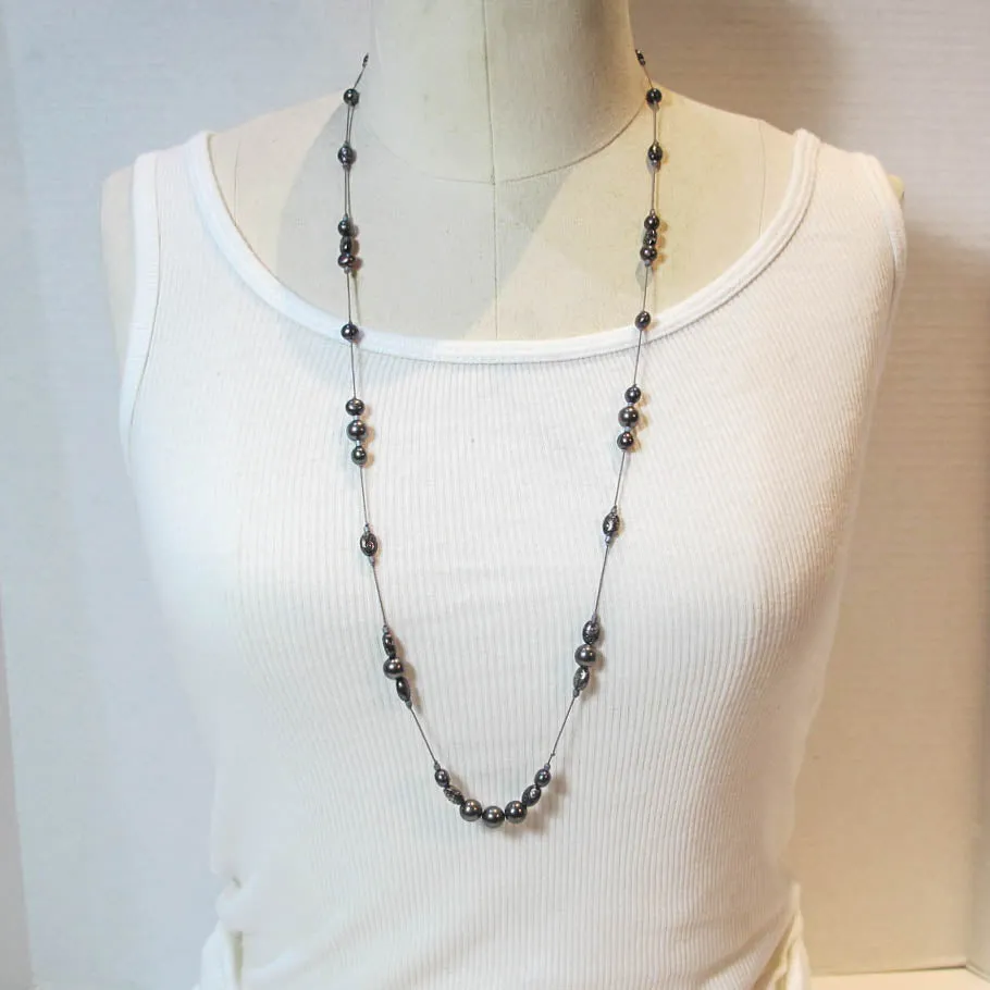 Floating Design Freshwater Pearl & Textured Metal Beads Necklace