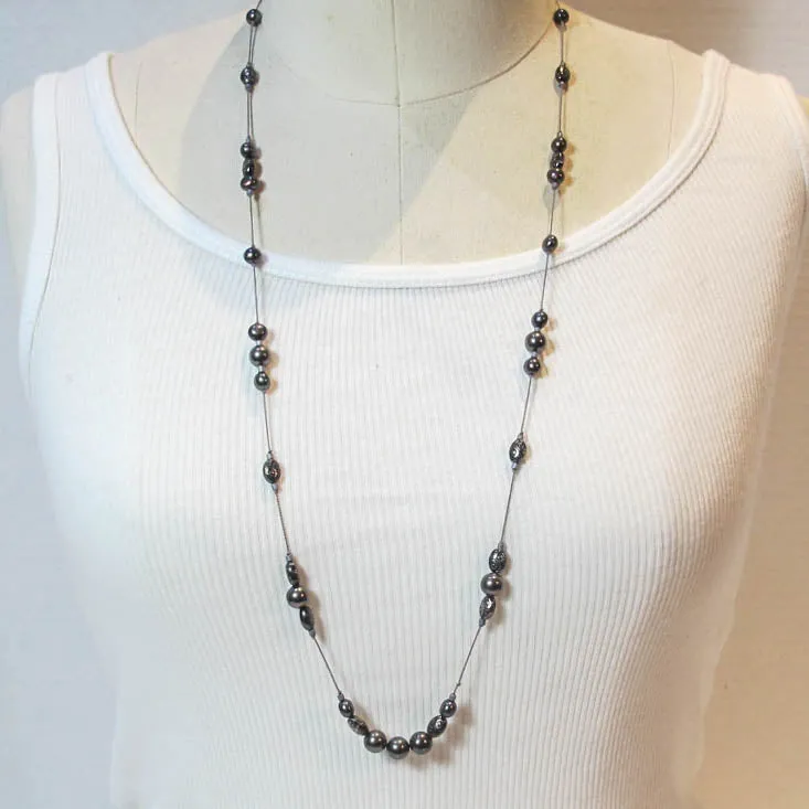 Floating Design Freshwater Pearl & Textured Metal Beads Necklace