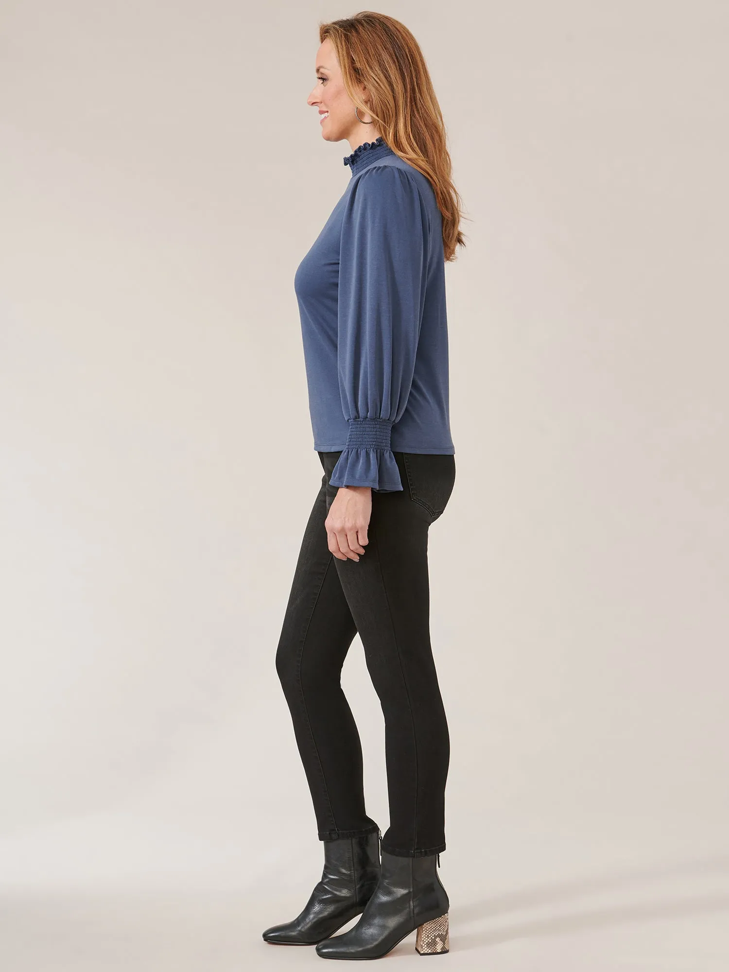 Flounce Sleeve Smocked Mock Neck Knit Top