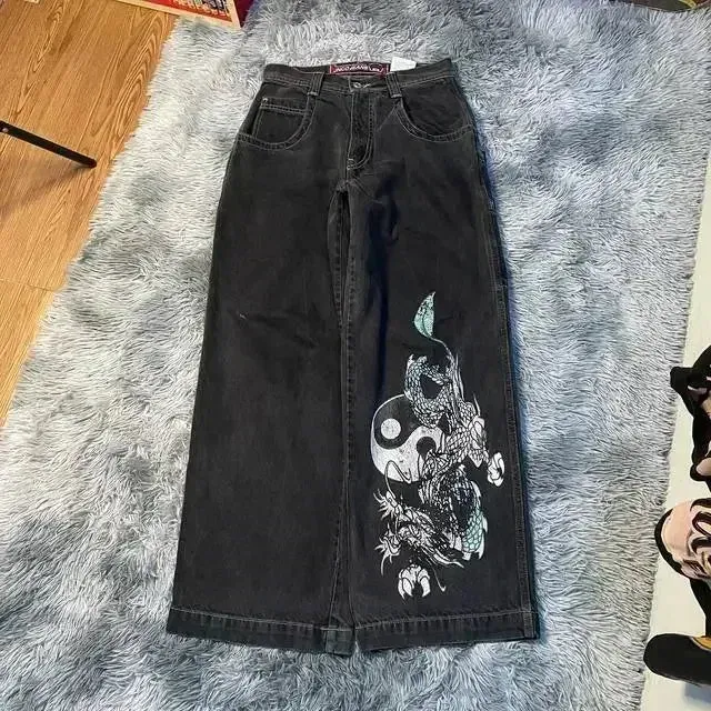 Getadme Jeans New Harajuku Hip Hop Retro Skull Graphic Embroidered Baggy Jeans Denim Pants Men Women Goth High Waist Wide Trousers