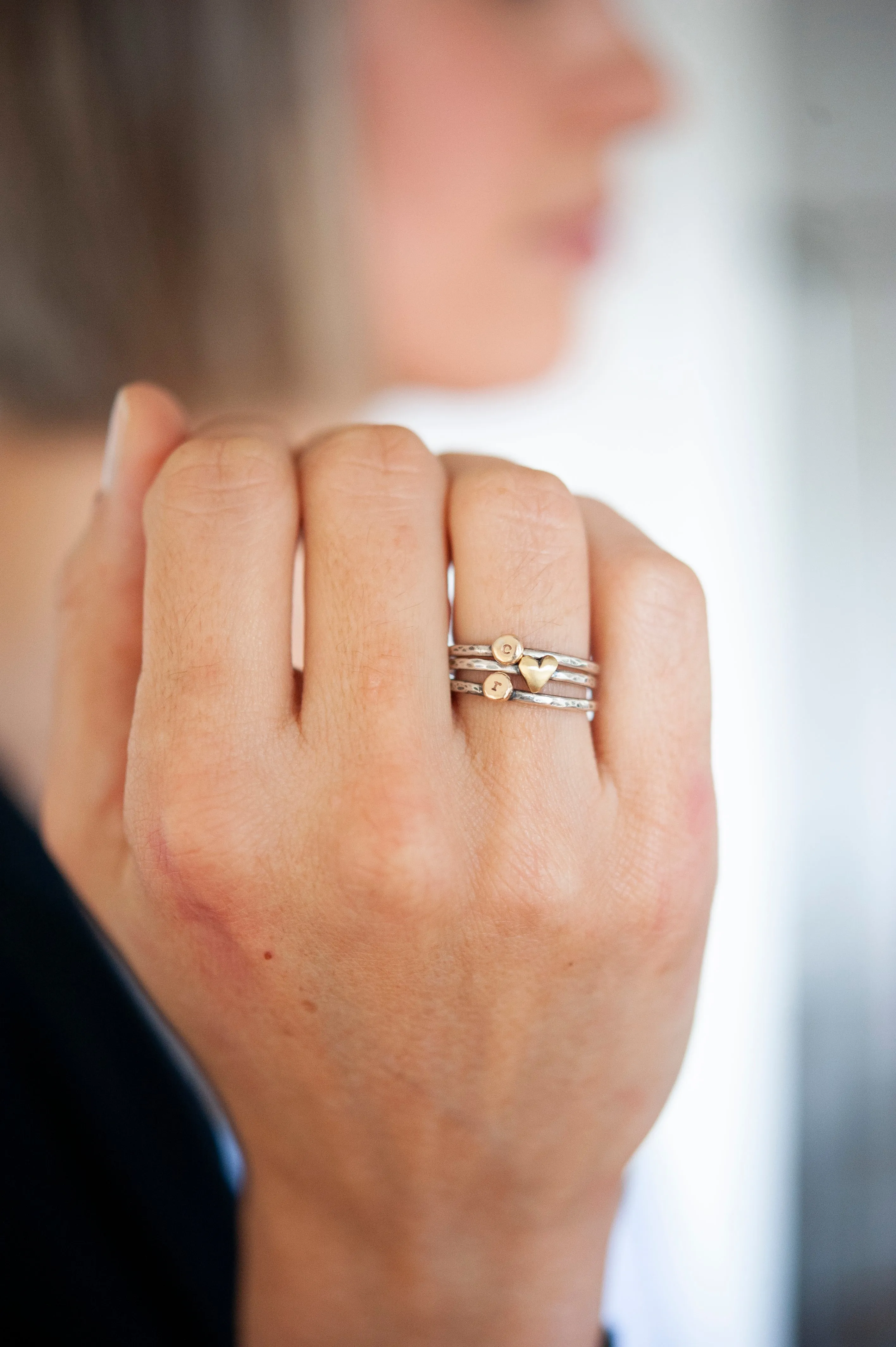 Gold Initial Pebble & Gold Heart Sterling Stacking Ring Set