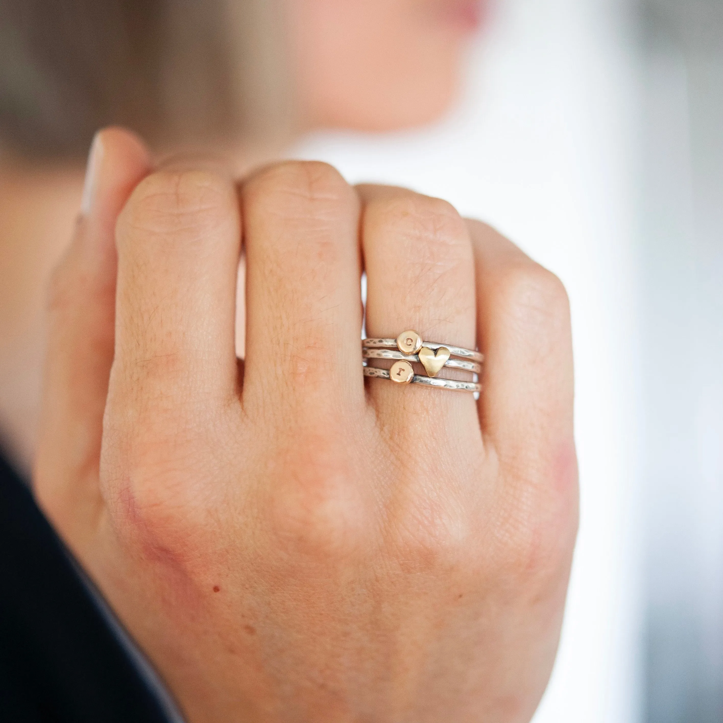 Gold Initial Pebble & Gold Heart Sterling Stacking Ring Set