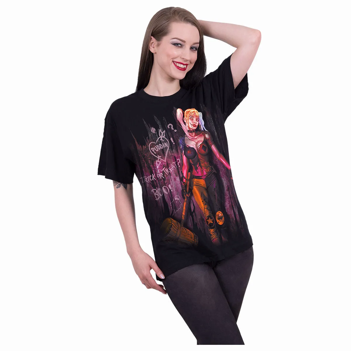 HARLEY QUINN - TRICK OR TREAT - Front Print T-Shirt Black