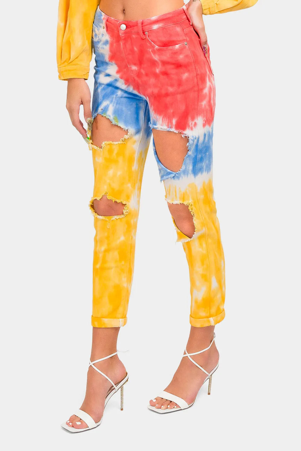 High Waist Ripped Tie Dye Mom Jeans