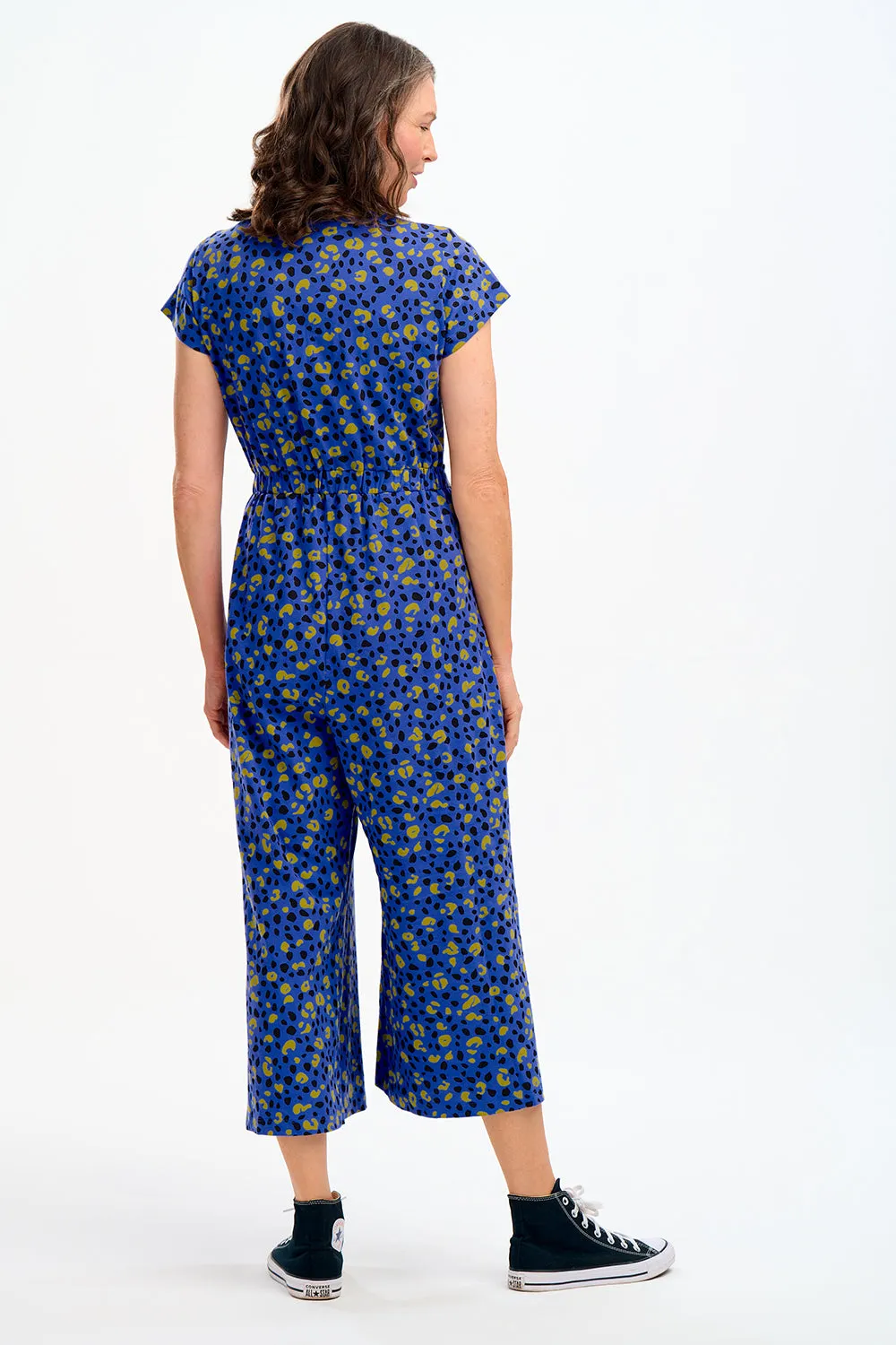 Katrina Cropped Jersey Jumpsuit - Blue, Painted Leopard