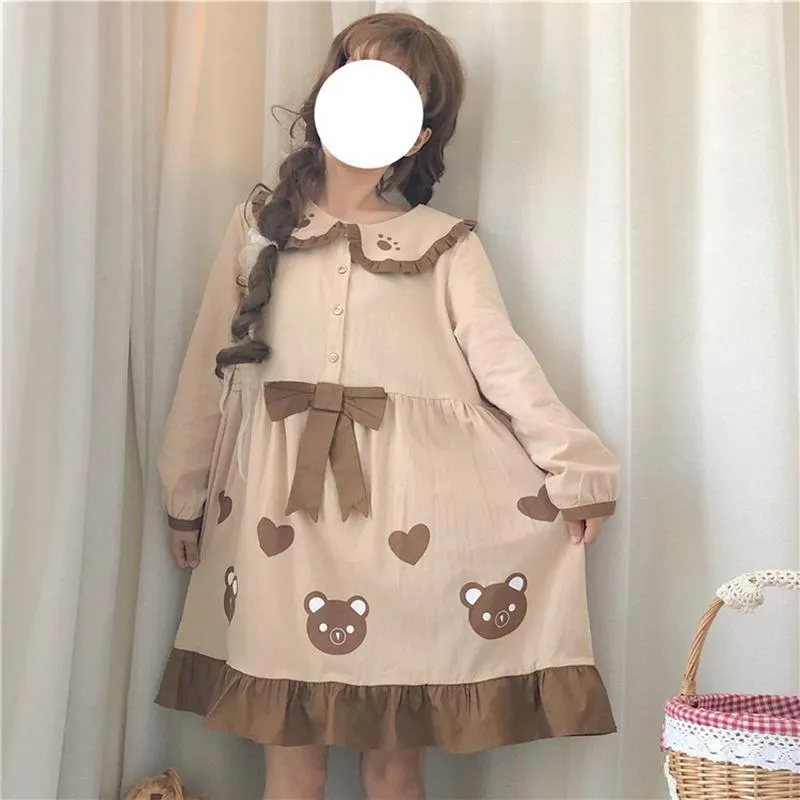 Kawaii Bear Printed Dress With Bowknot