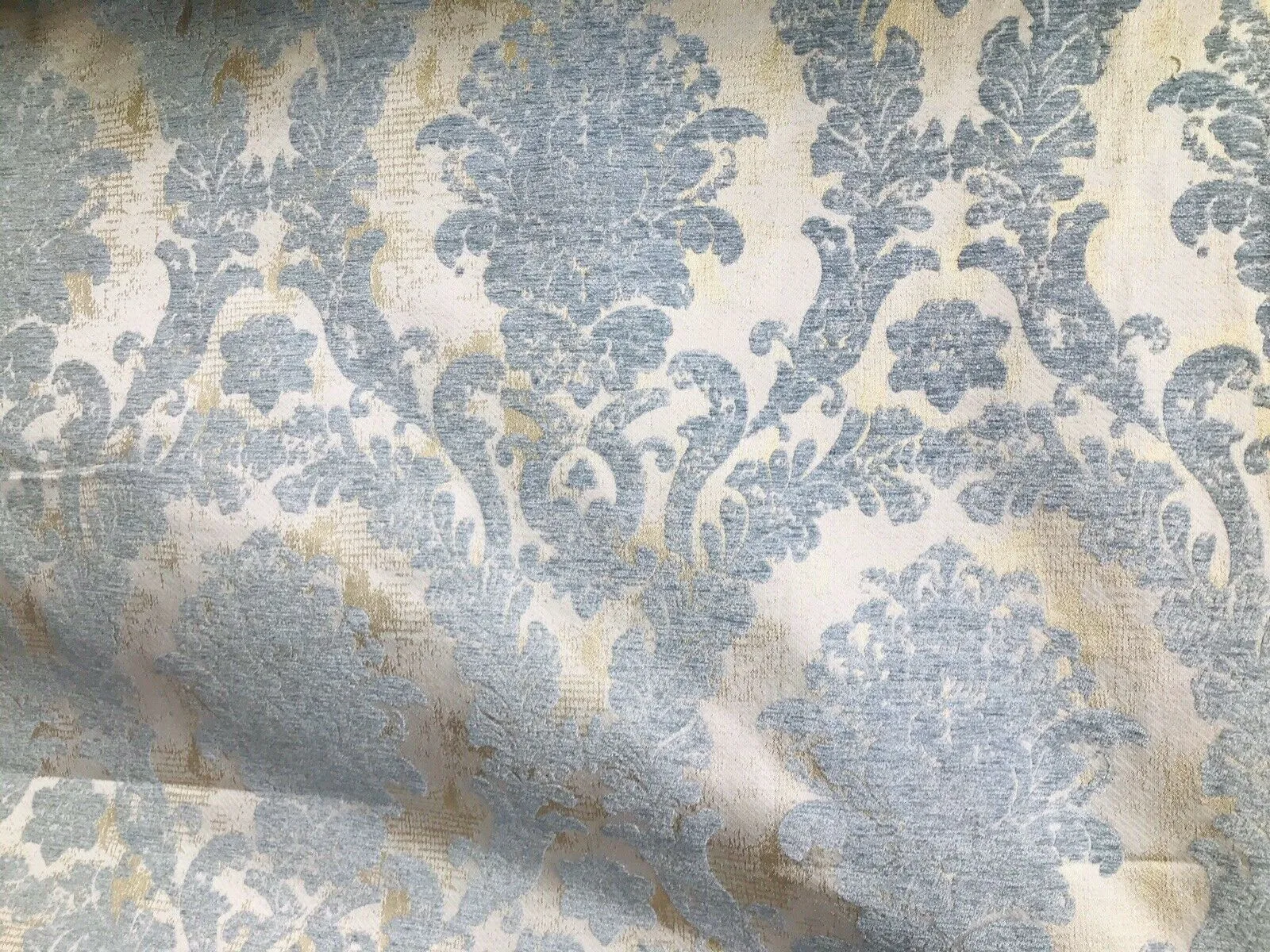 Lord Augustin Designer Velvet Chenille Burnout Medallion Upholstery Fabric - Blue & Gold