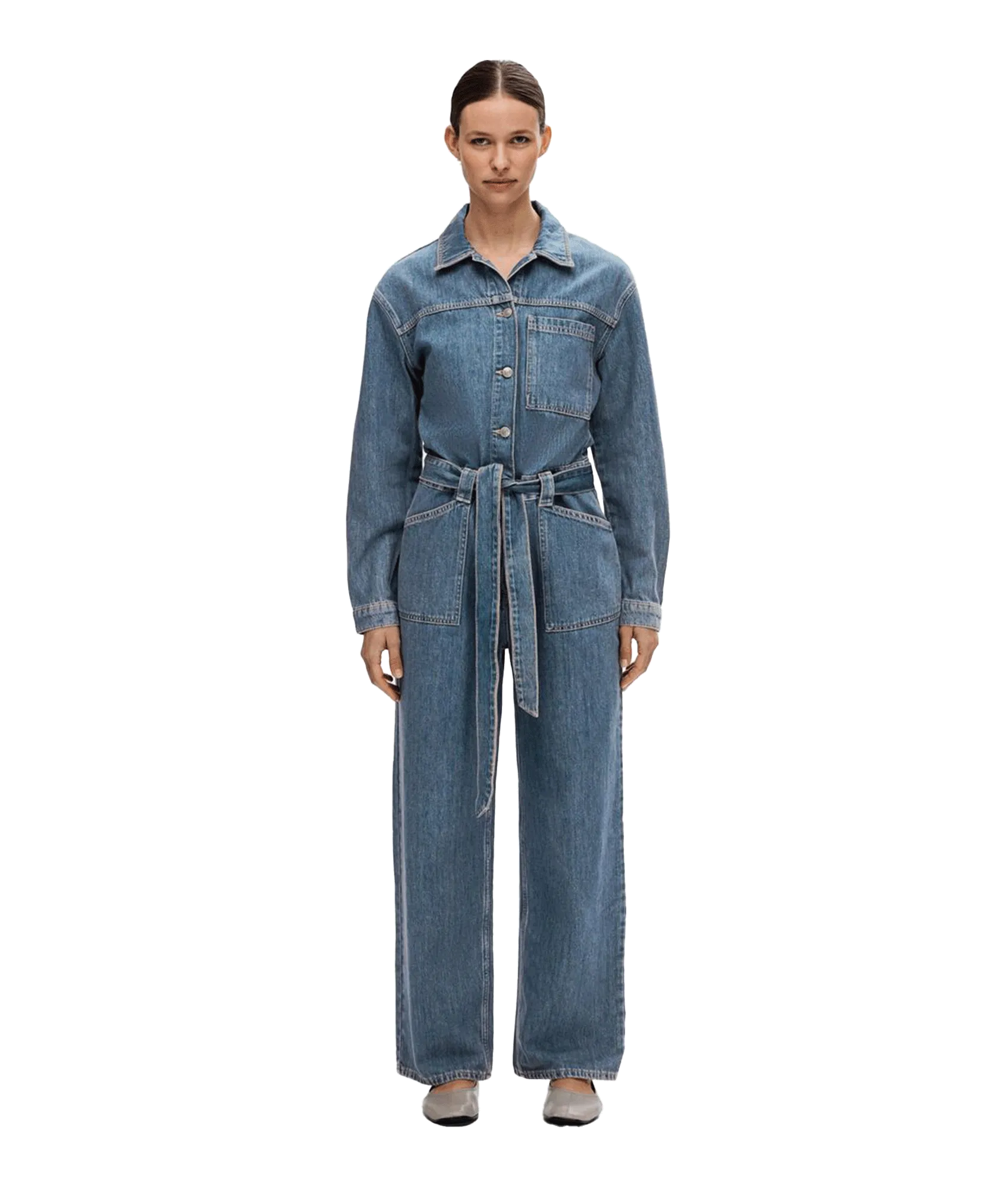 Mid Wash Denim Jumpsuit - Blue