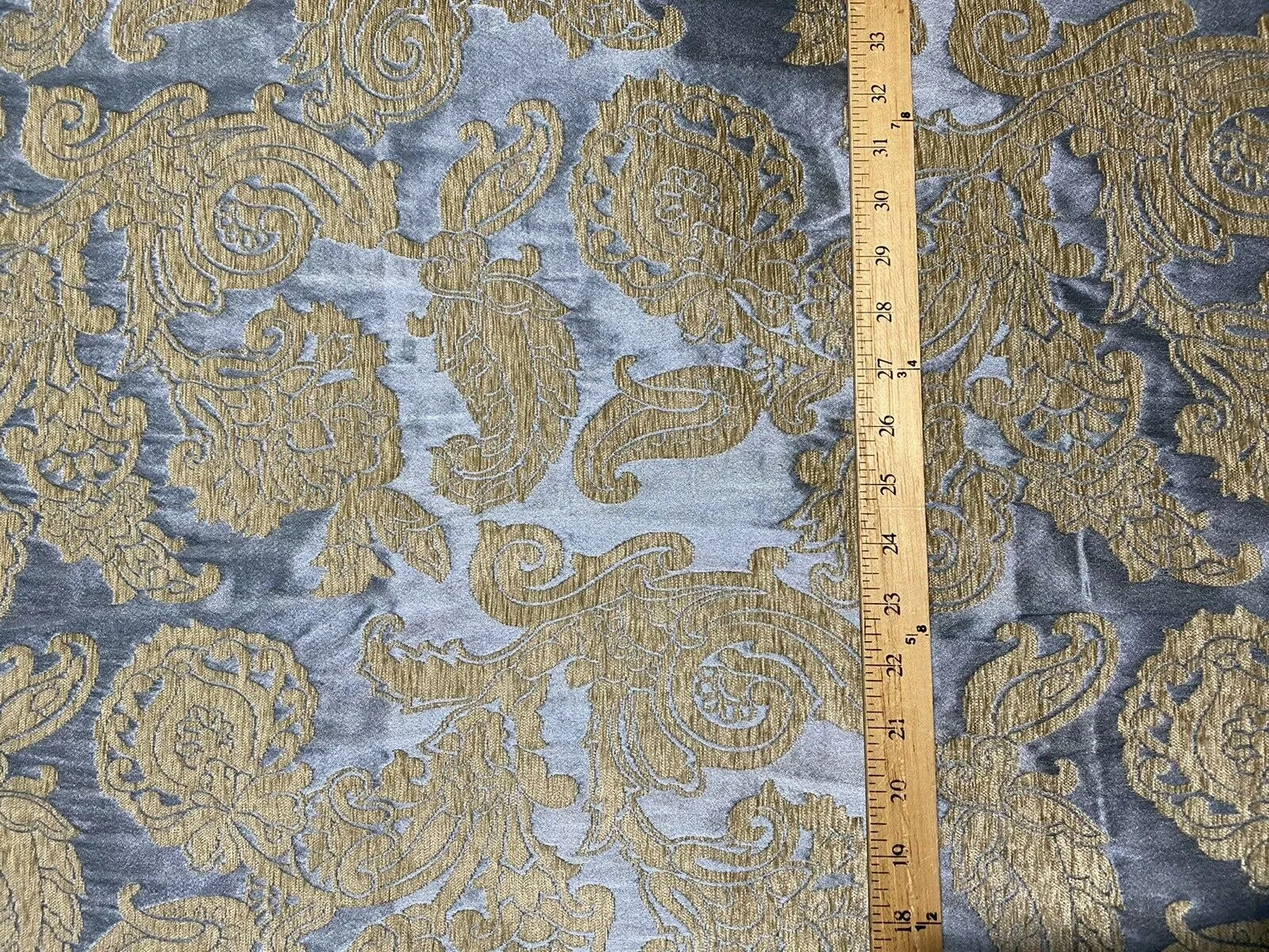 NEW Designer Floral Burnout Chenille Velvet Satin Fabric - Blue And Gold BTY