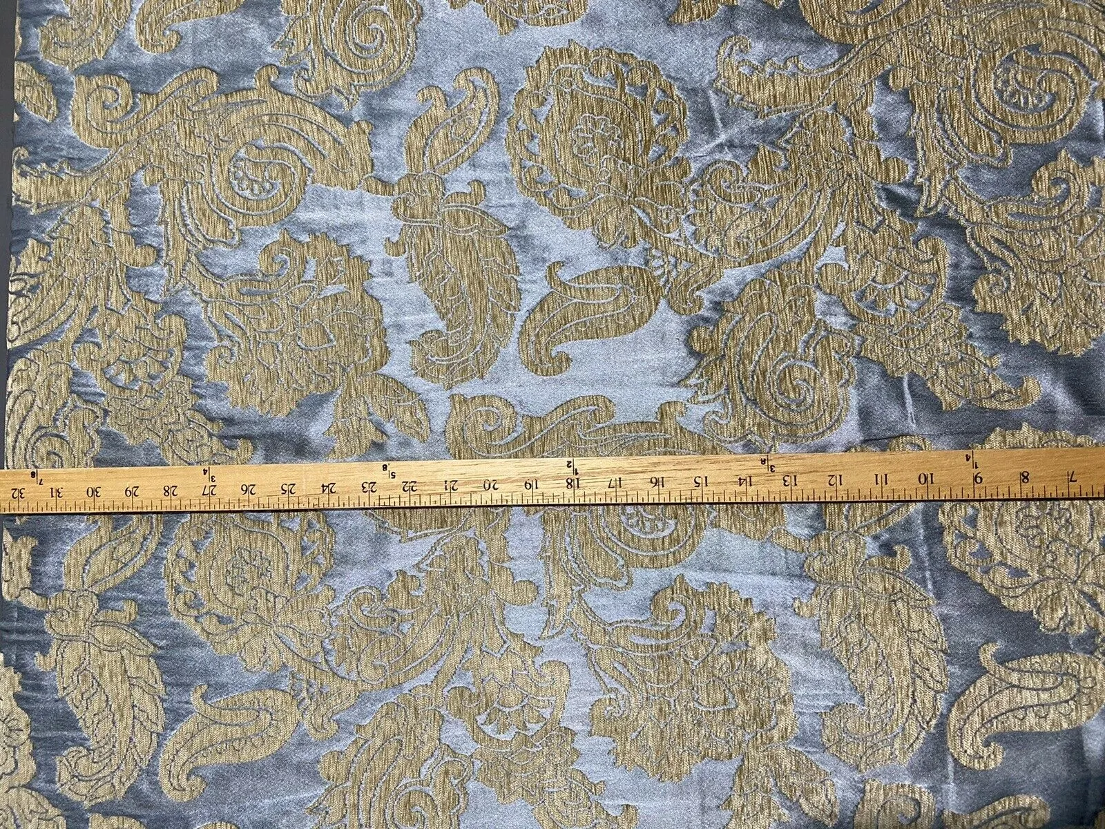 NEW Designer Floral Burnout Chenille Velvet Satin Fabric - Blue And Gold BTY