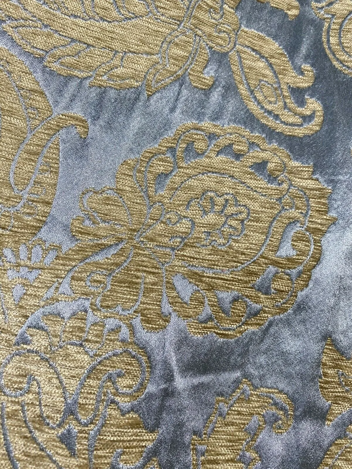 NEW Designer Floral Burnout Chenille Velvet Satin Fabric - Blue And Gold BTY