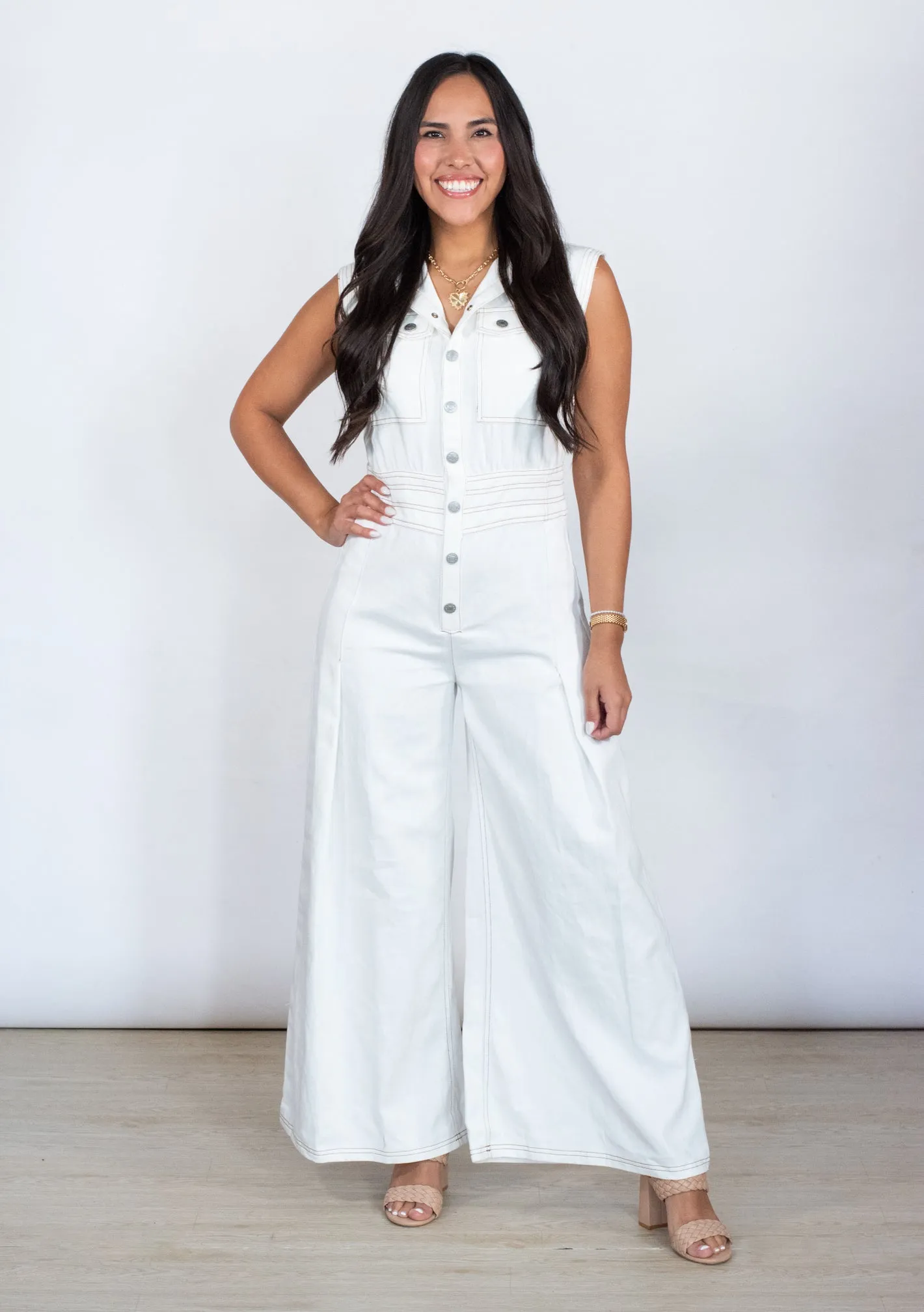 Nothing But You White Wide Leg Denim Jumpsuit