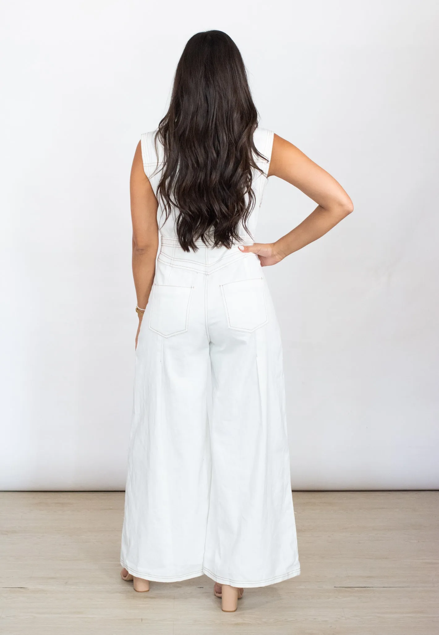 Nothing But You White Wide Leg Denim Jumpsuit