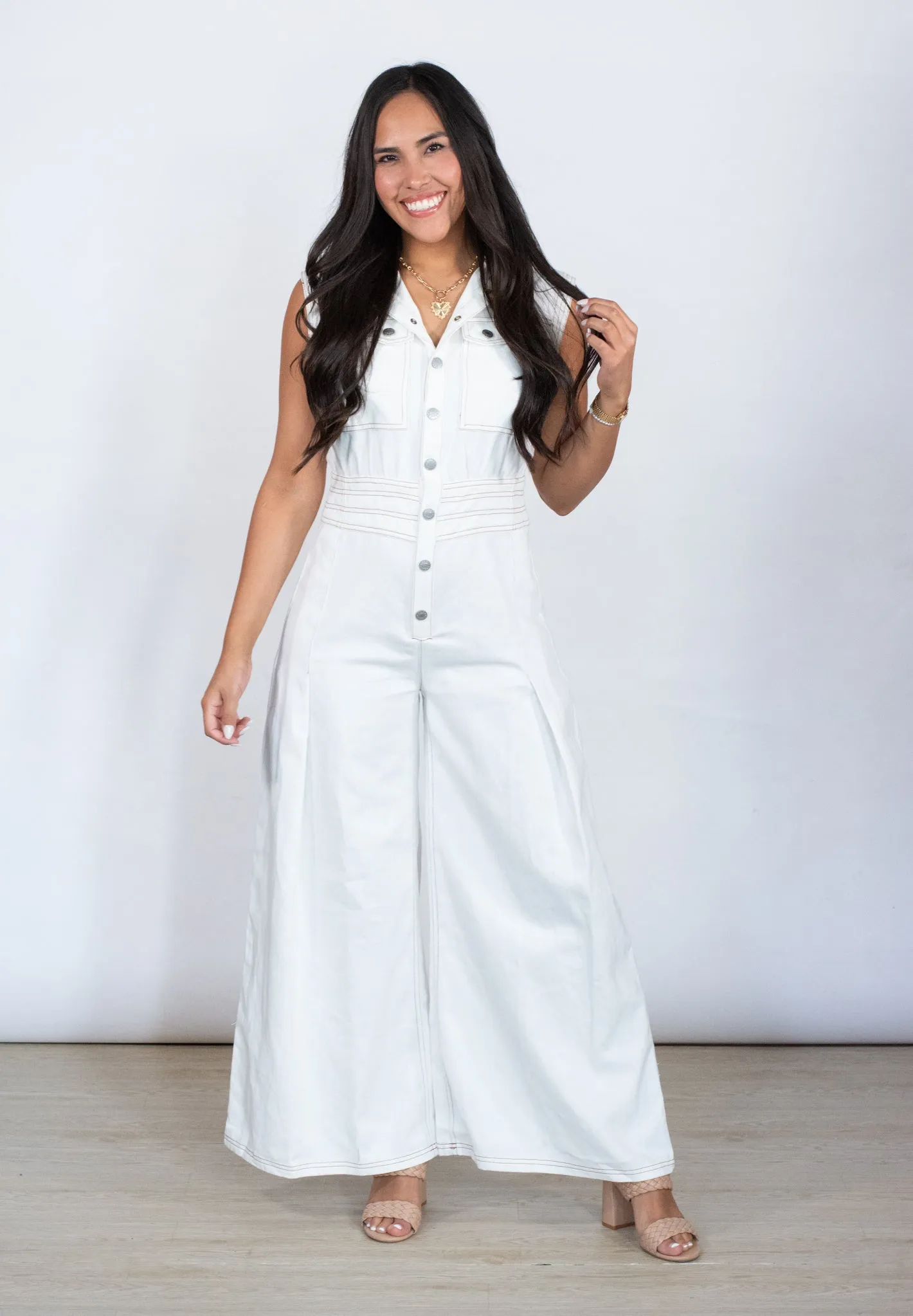 Nothing But You White Wide Leg Denim Jumpsuit