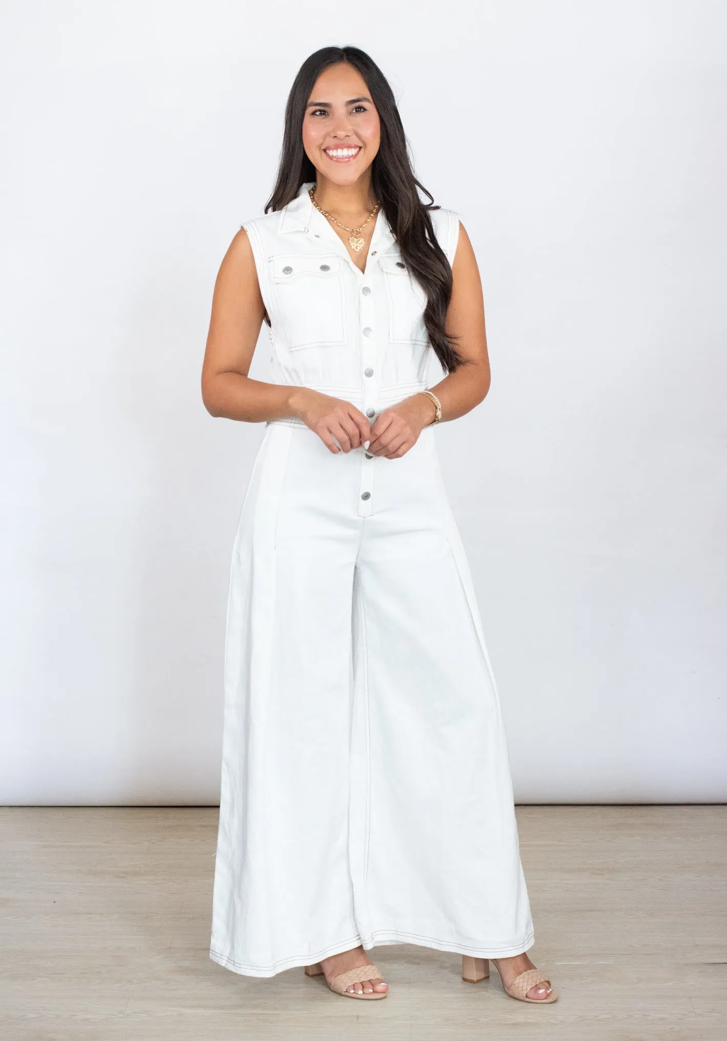 Nothing But You White Wide Leg Denim Jumpsuit