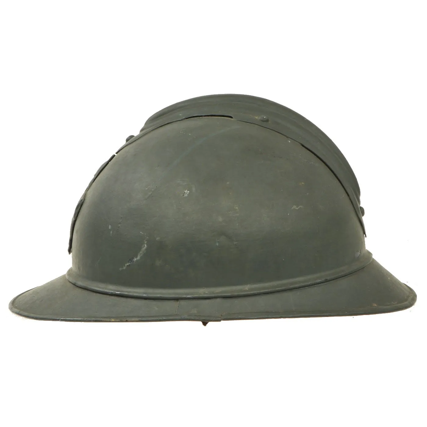 Original French WWI Model 1915 Adrian Helmet in Horizon Blue with Combat Engineer Badge