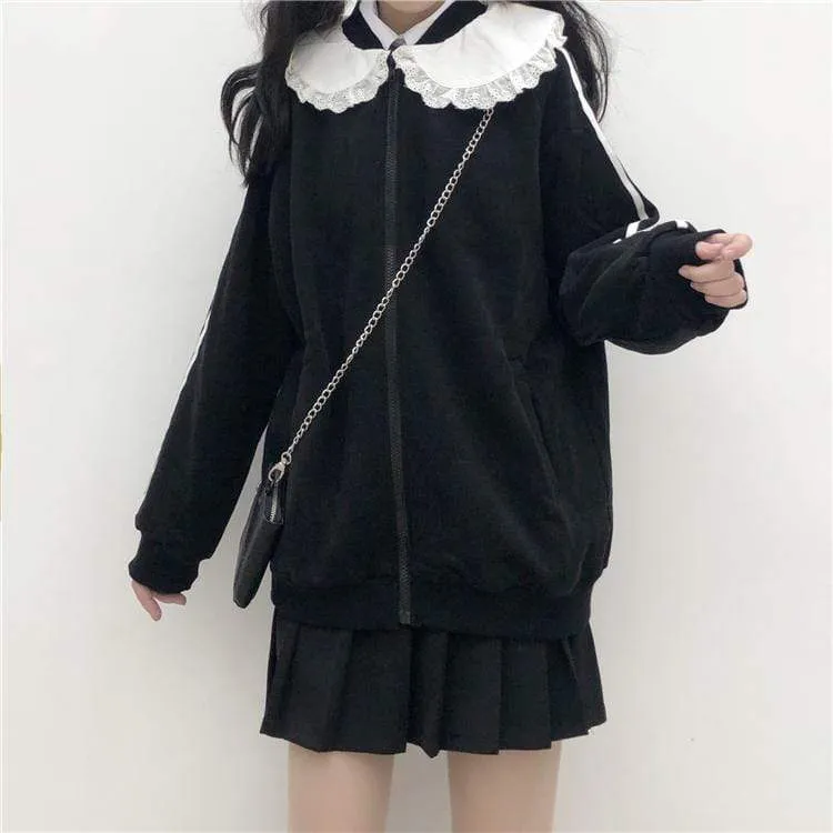 Peter Pan Collar Stripes  Front Zipper Coat