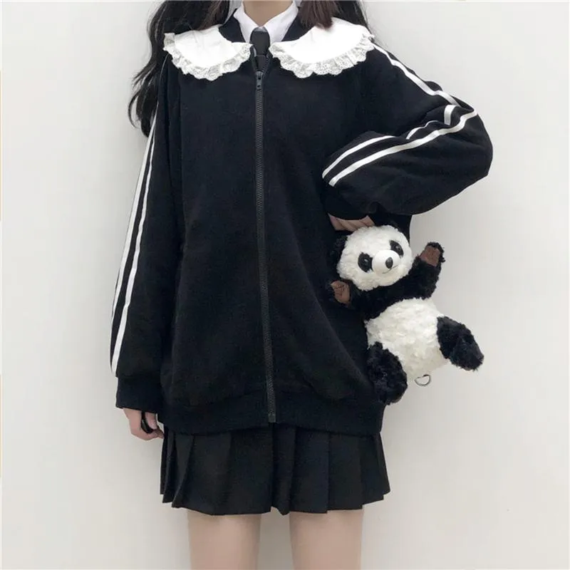 Peter Pan Collar Stripes  Front Zipper Coat