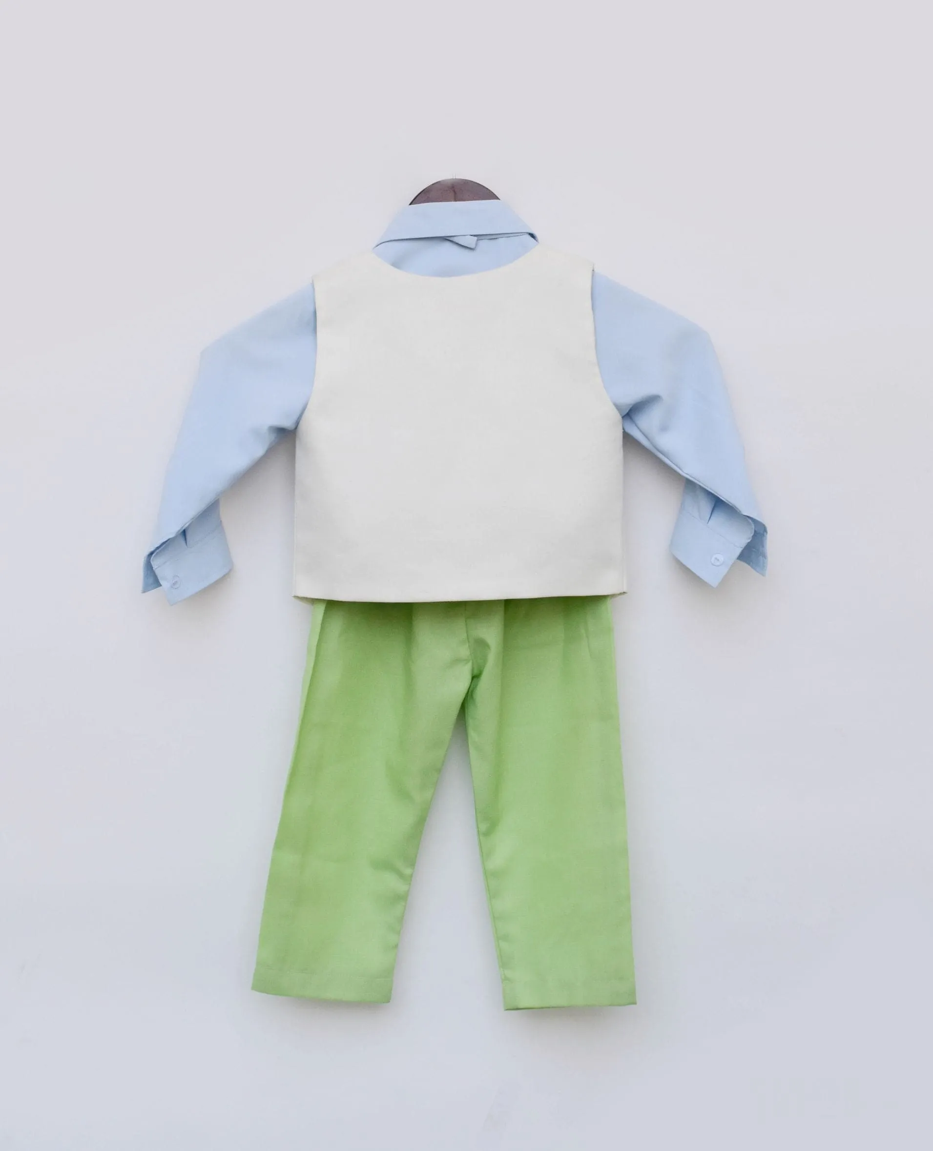 Pre Order: Off-White Waist Coat and Blue Shirt Green Pant