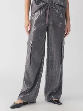 Pull-On Sequin Semi High Rise Cargo Pant Gunmetal