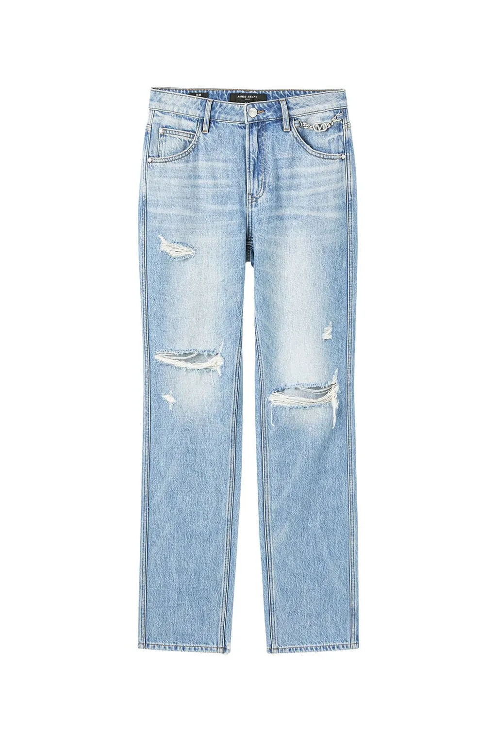 Ripped Straight Pants With Crystal Chain