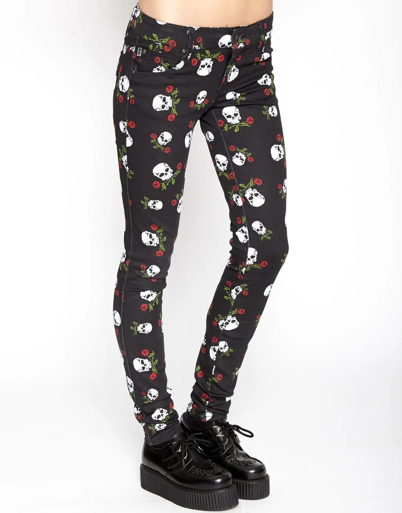 T Back Jeans Skull & Roses Print