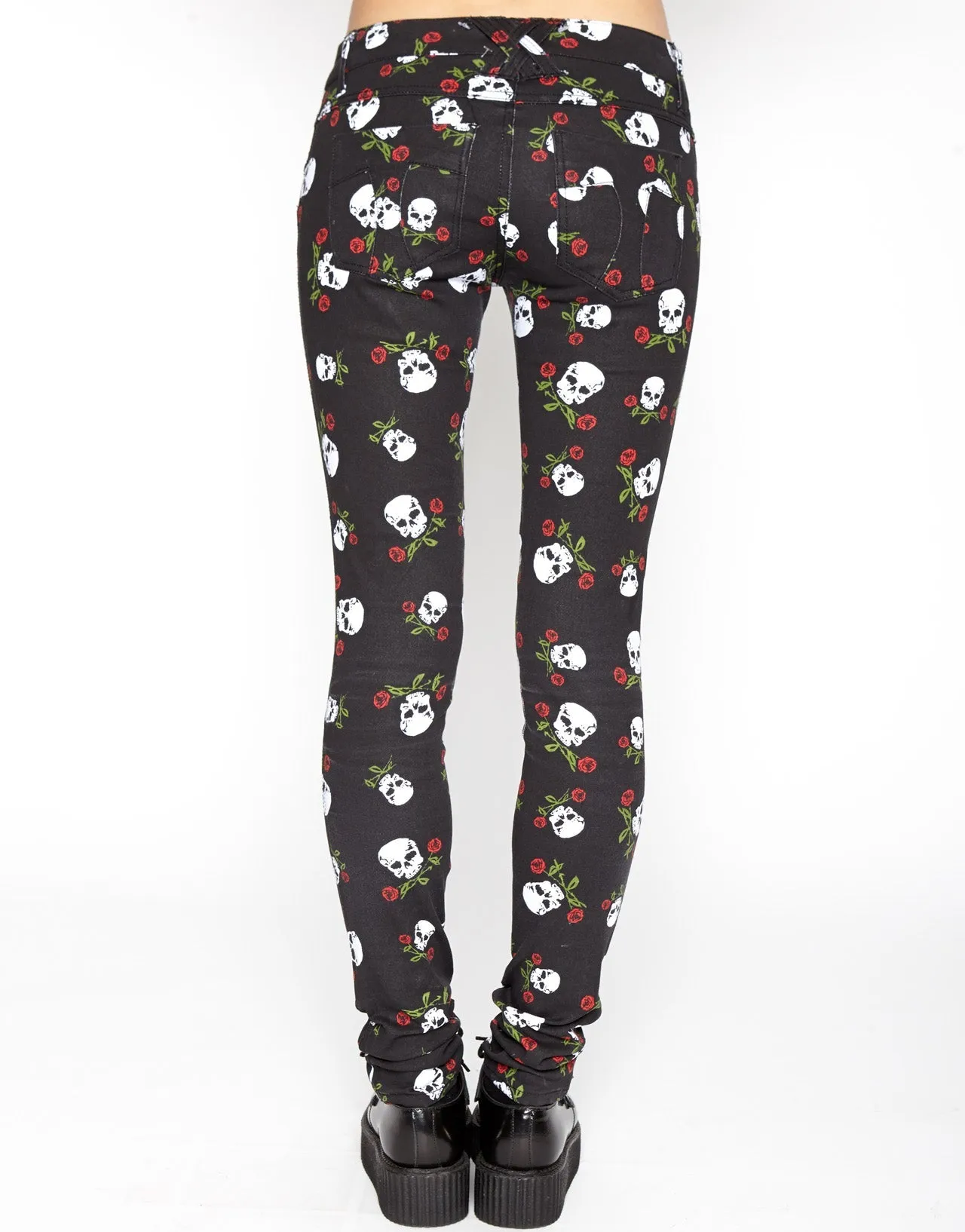 T Back Jeans Skull & Roses Print