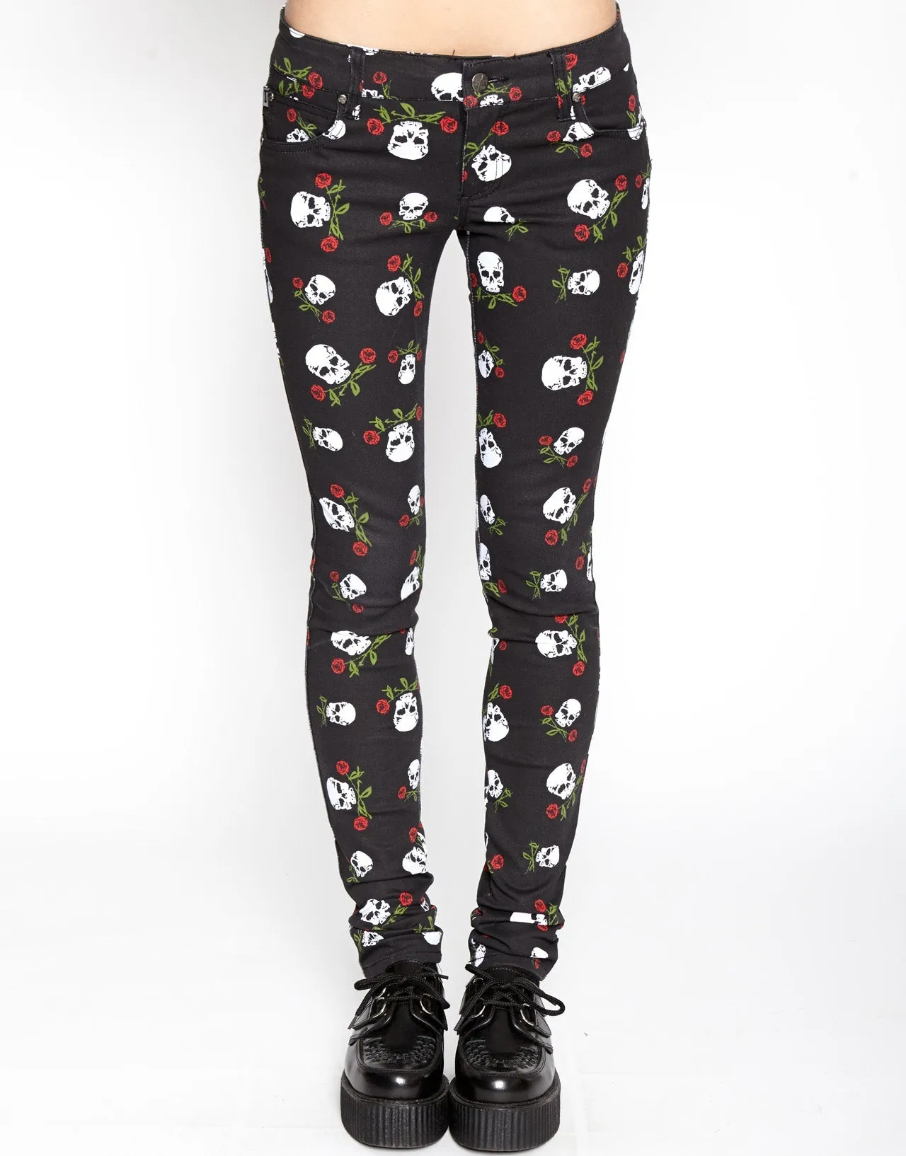 T Back Jeans Skull & Roses Print