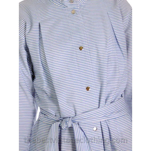 Vintage 1970s Vuokko Designer Blue and White Stripes Print A Line Shirt Dress Cotton S-M