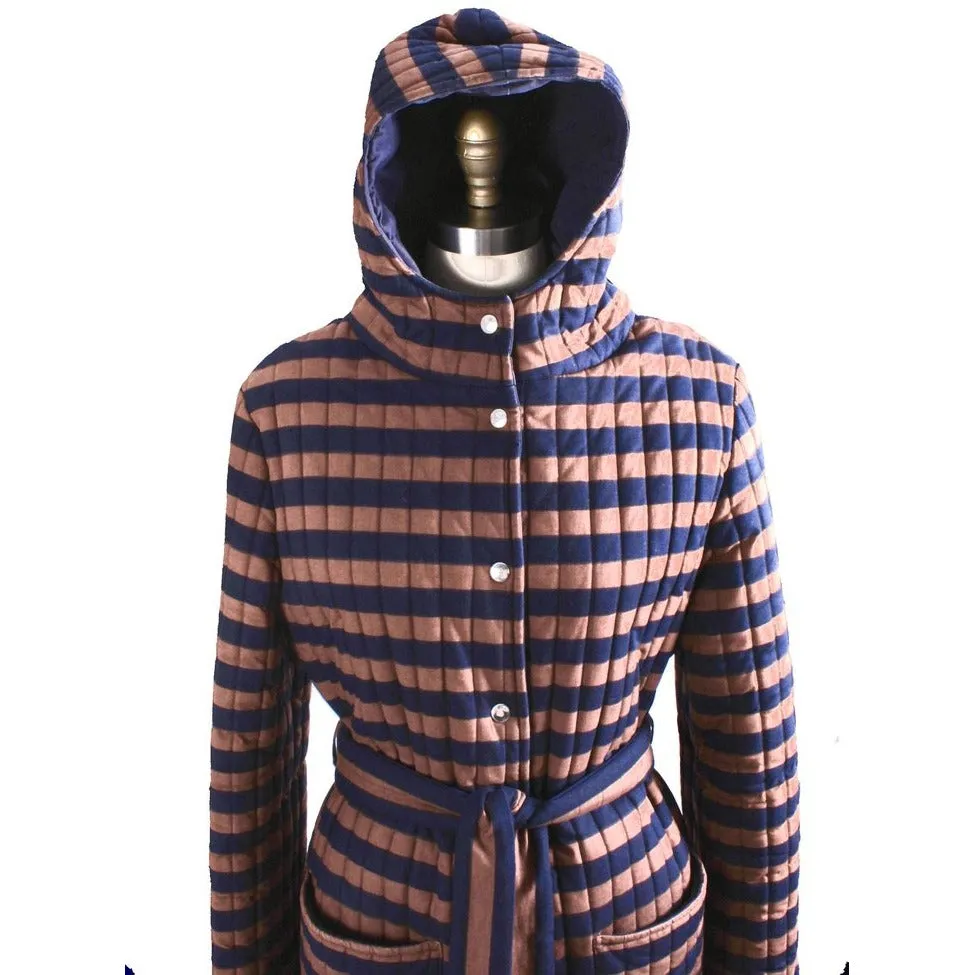 Vintage 1970s Vuokko Suomi Finland Striped Cotton Quilted Coat Snap Front Mod EU 44  M L