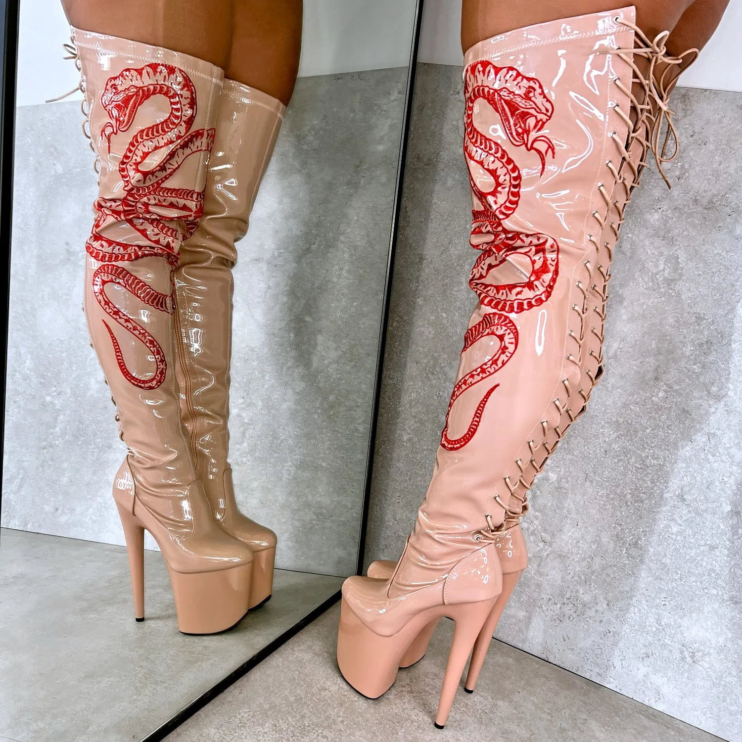 VIPER Boot Tan with Red Thicc Thigh High - 8INCH