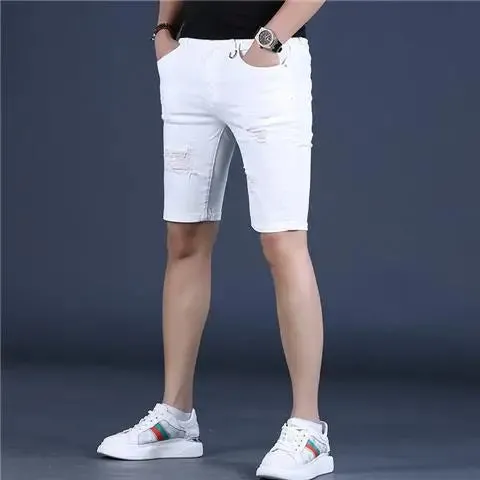 Wiaofellas New Summer Men Ripped Hole Denim Shorts Slim Casual Knee Length Short Straight Hole Jeans Shorts Bermuda for Men A20