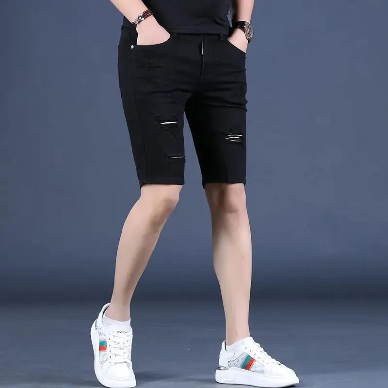 Wiaofellas New Summer Men Ripped Hole Denim Shorts Slim Casual Knee Length Short Straight Hole Jeans Shorts Bermuda for Men A20