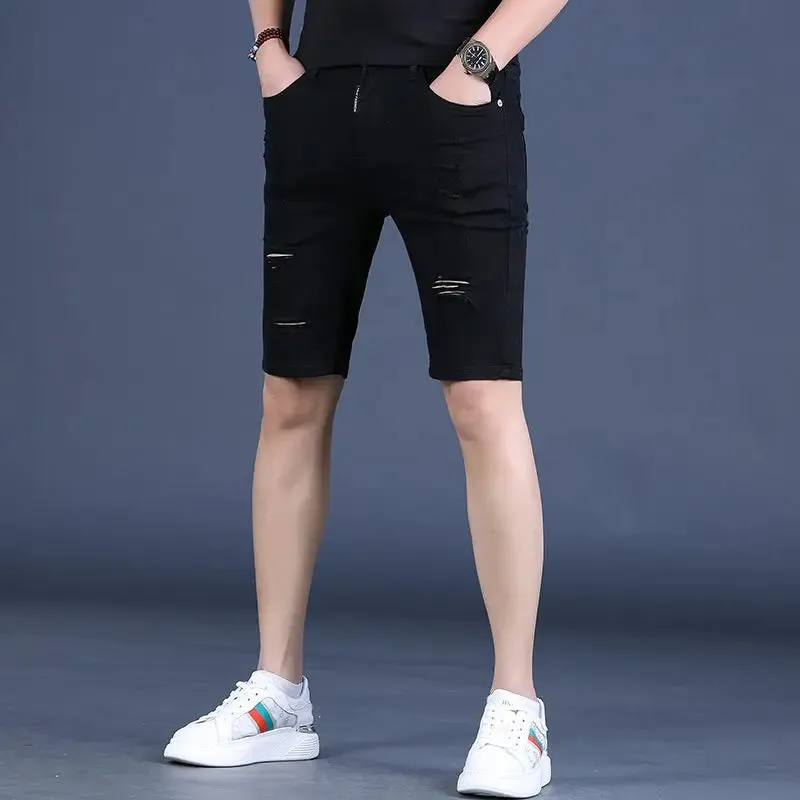 Wiaofellas New Summer Men Ripped Hole Denim Shorts Slim Casual Knee Length Short Straight Hole Jeans Shorts Bermuda for Men A20