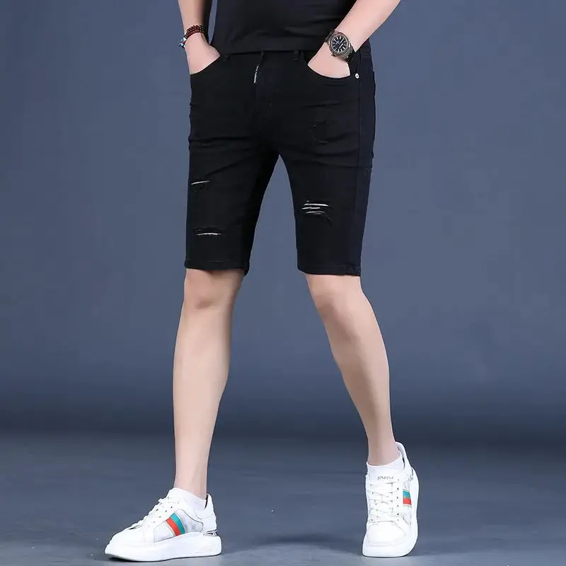 Wiaofellas New Summer Men Ripped Hole Denim Shorts Slim Casual Knee Length Short Straight Hole Jeans Shorts Bermuda for Men A20