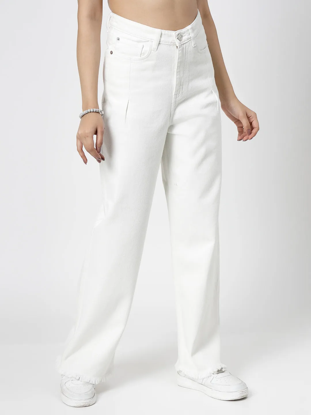 Wide Leg White Cotton Denim Jeans with Bottom Fringes