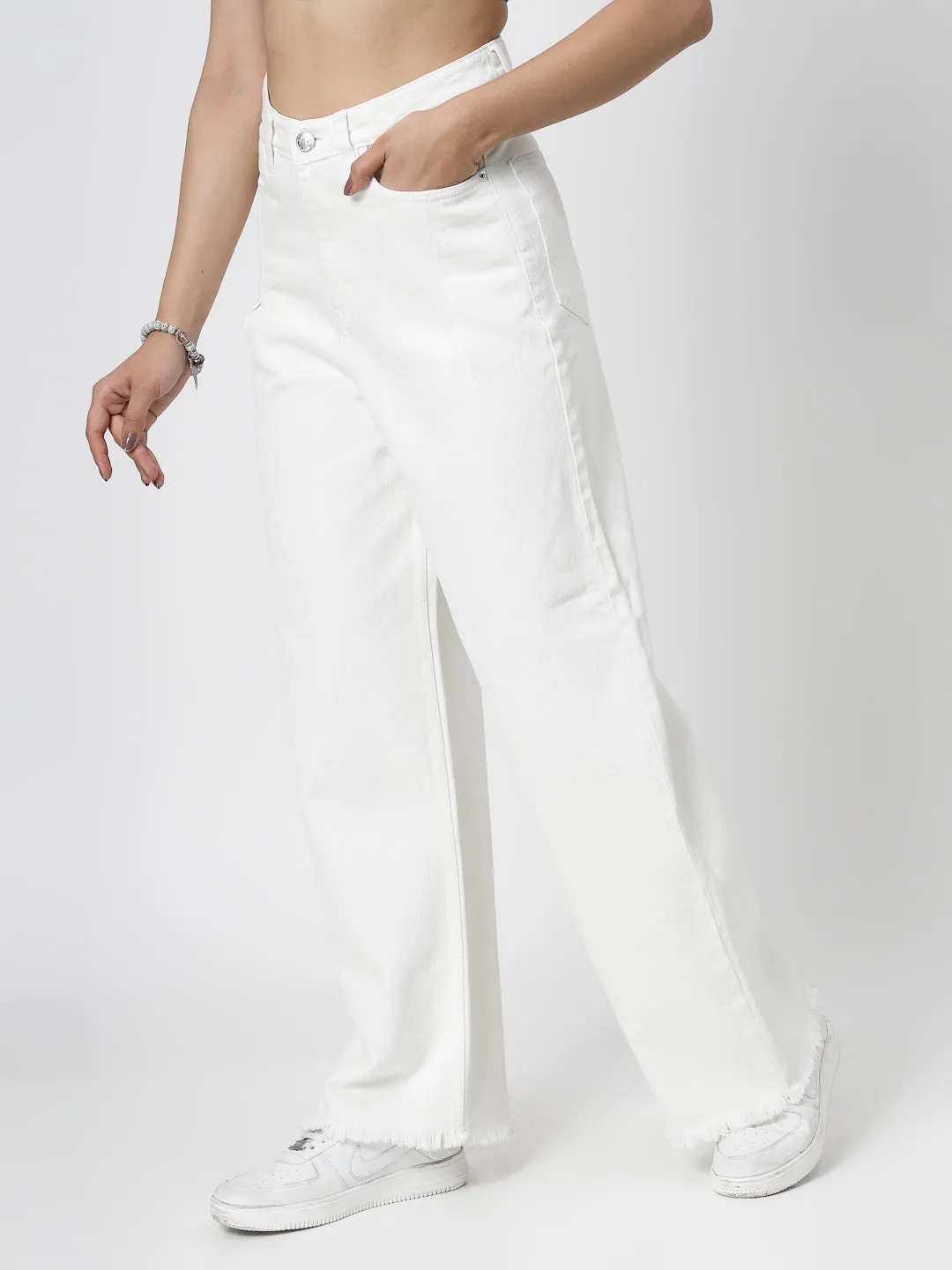 Wide Leg White Cotton Denim Jeans with Bottom Fringes