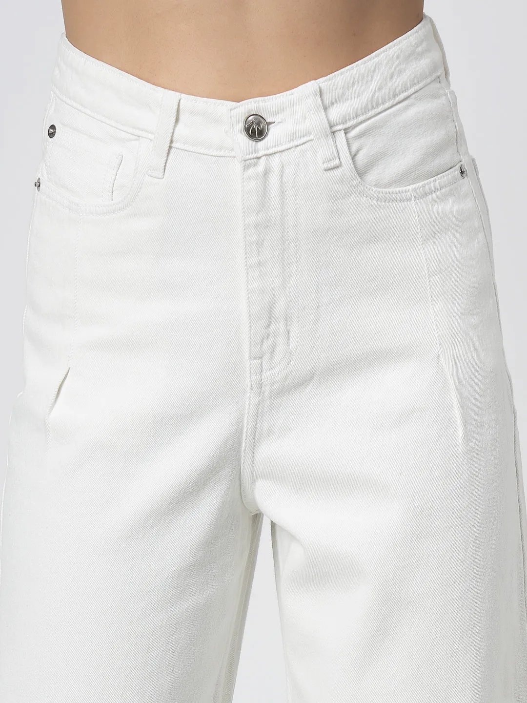 Wide Leg White Cotton Denim Jeans with Bottom Fringes