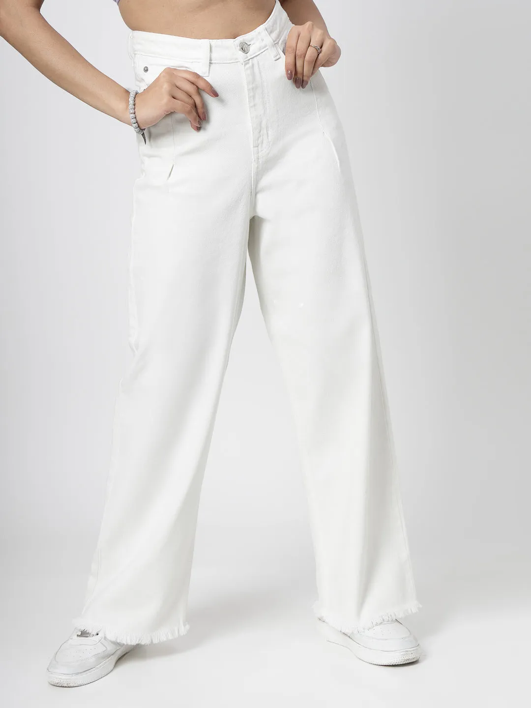 Wide Leg White Cotton Denim Jeans with Bottom Fringes