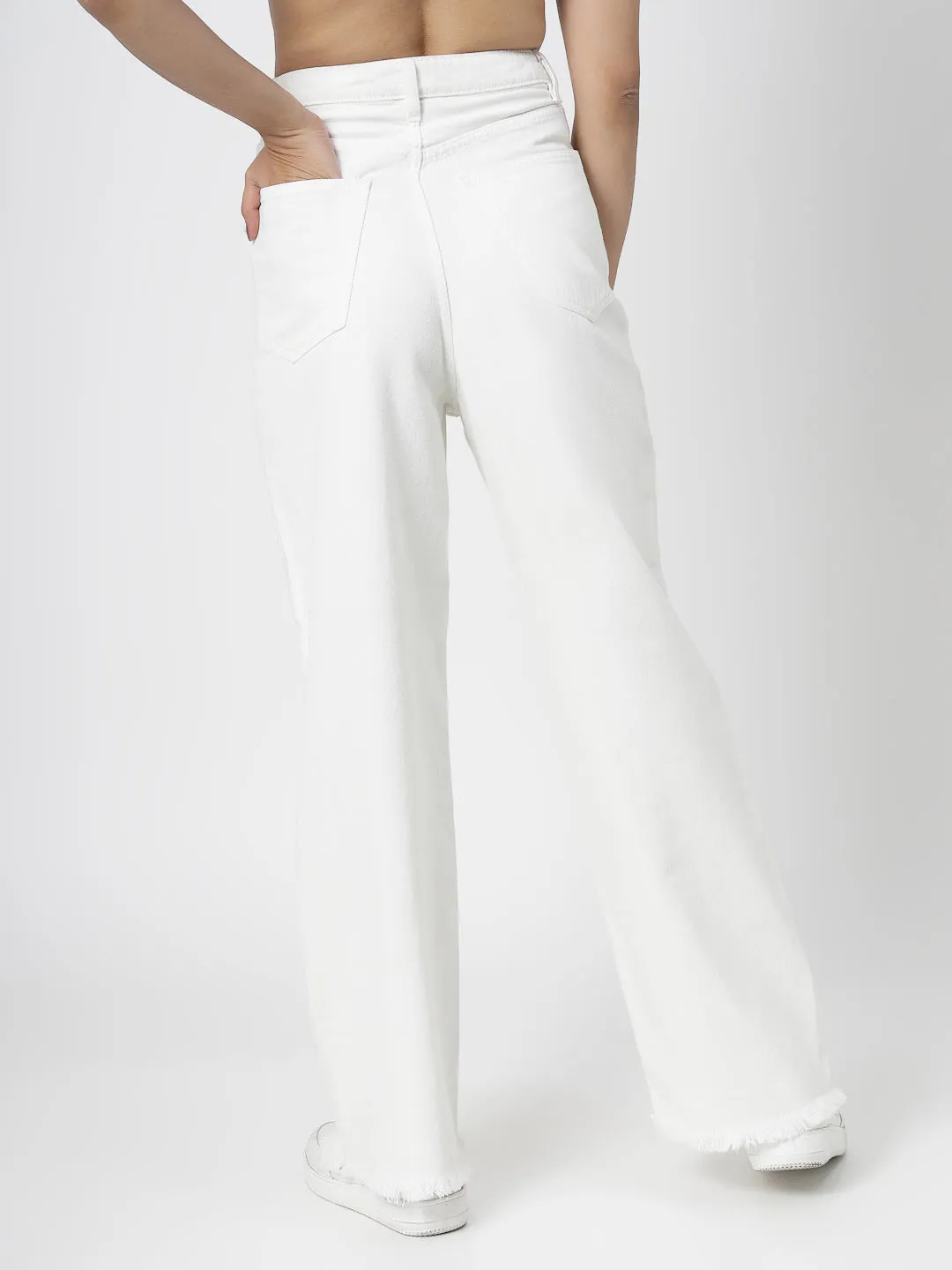 Wide Leg White Cotton Denim Jeans with Bottom Fringes